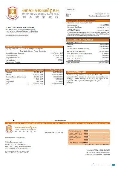 Download Cambodia Union Commercial bank mortgage statement scr Photoshop template